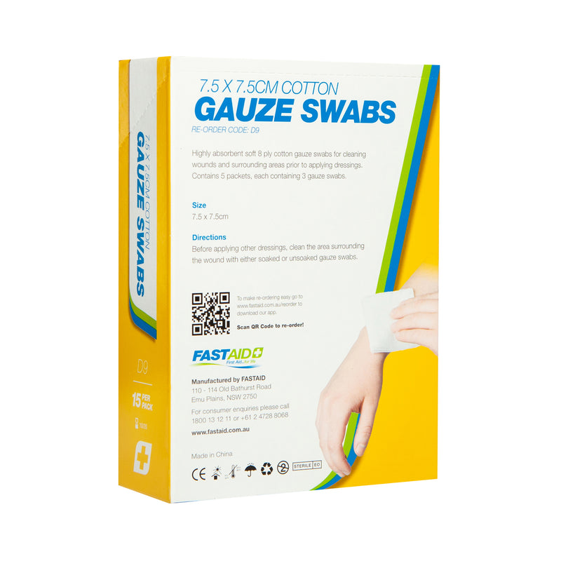 FastAid D9 Gauze Swabs 7.5 x 7.5cm 15pk