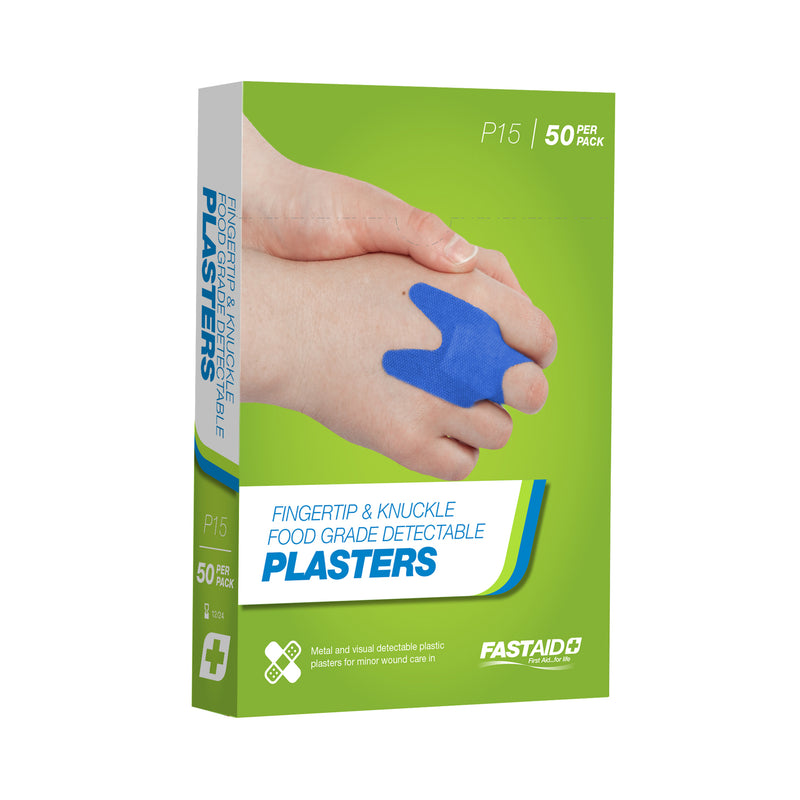 FastAid P15 Food Grade Plasters Metal and Visual Detectable Fingertip and Knuckle 50pk